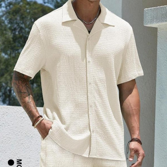 Men's Solid Collar Shirt & Shorts Two-Piece Set
