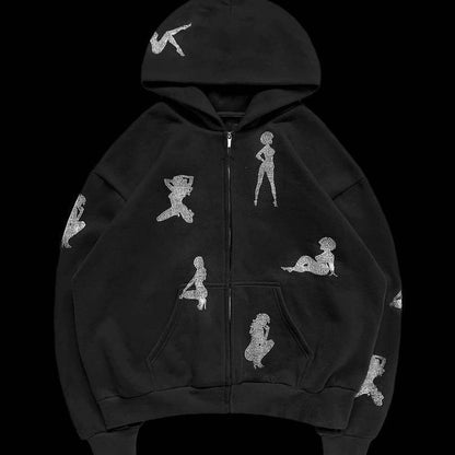 Stylish Rhinestone- Pattern Hoodie Set