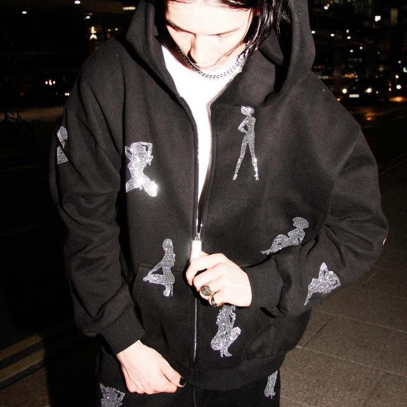 Stylish Rhinestone- Pattern Hoodie Set