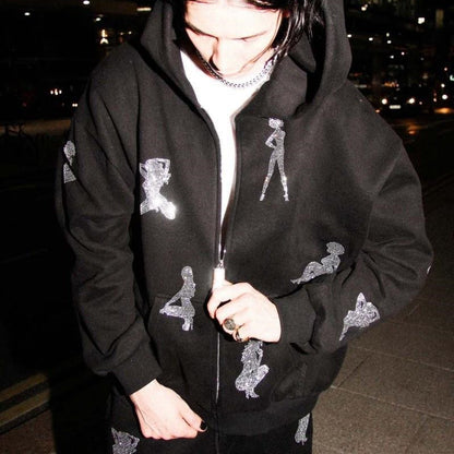 Stylish Rhinestone- Pattern Hoodie Set
