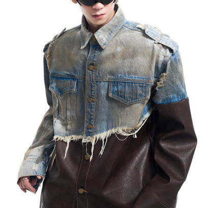 Leather Patchwork Destroyed Denim Dirty Jacket