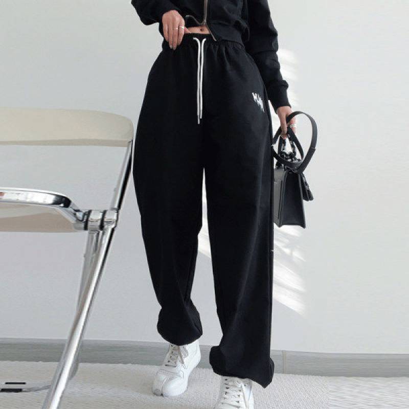 Black Drawstring Printing Sweatpants