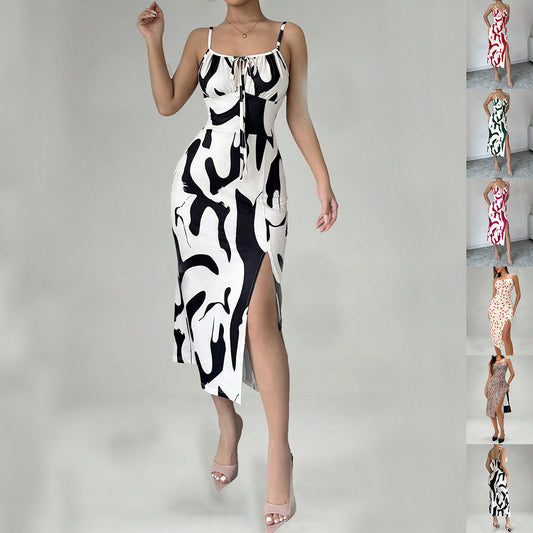 Lace-Up Long Suspender Split Dress
