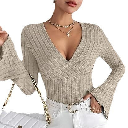 Flared Stripe V-Neck Long Sleeve Top