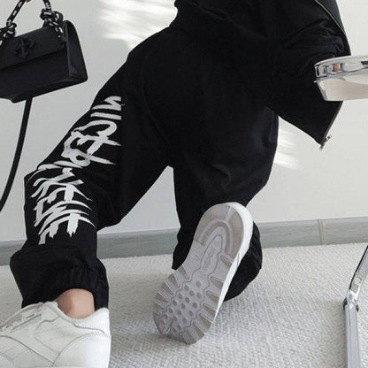 Black Drawstring Printing Sweatpants