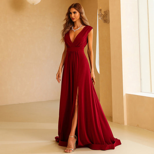 Red Deep V-neck Banquet Evening Dress