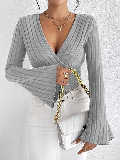 Flared Stripe V-Neck Long Sleeve Top