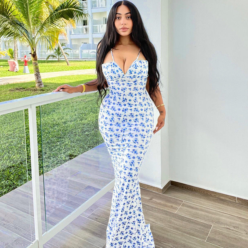 Flowers Print Backless Lace-up Dress