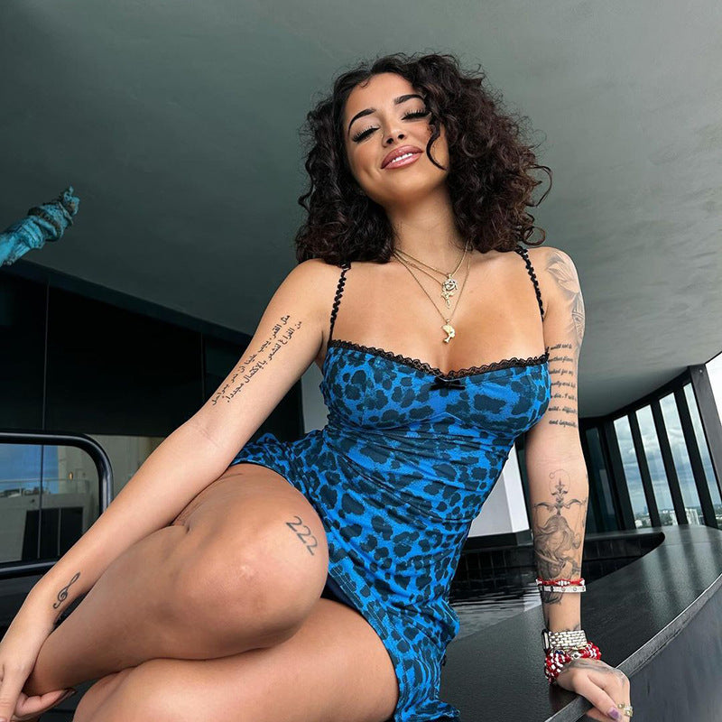 Blue Leopard Print Slip Dress