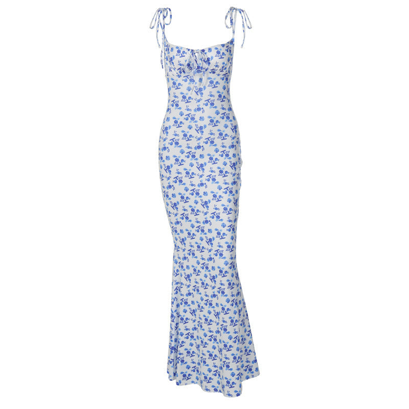 Flowers Print Backless Lace-up Dress